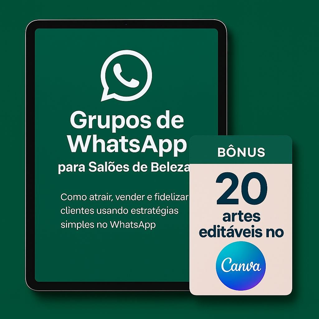 Mockup do E-book Grupos de WhatsApp para Salões de Beleza e miniaturas das 20 artes bônus